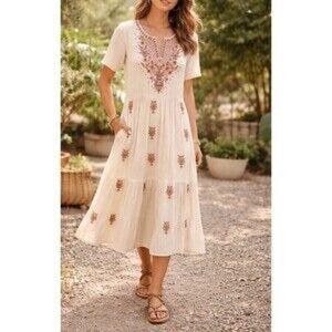 Soft Surroundings - Gauzey Embroidered 100% Cotton Dress